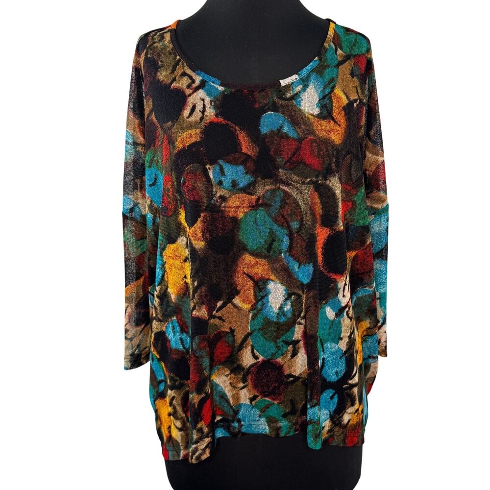 Alberto Makali Multi Blouse Sheer Abstract Stretch Scoop Neck Pullover S Small